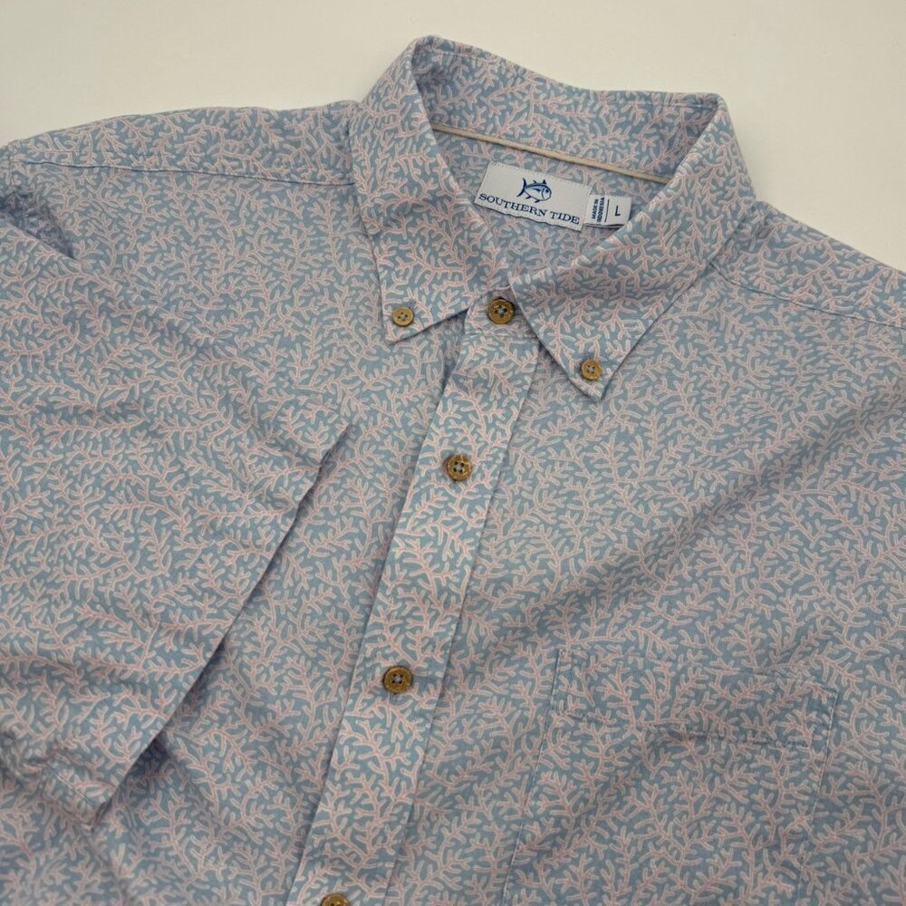Southern Tide Coral Life Men’s L Linen Rayon Short Sleeve Sport Shirt Cerulean